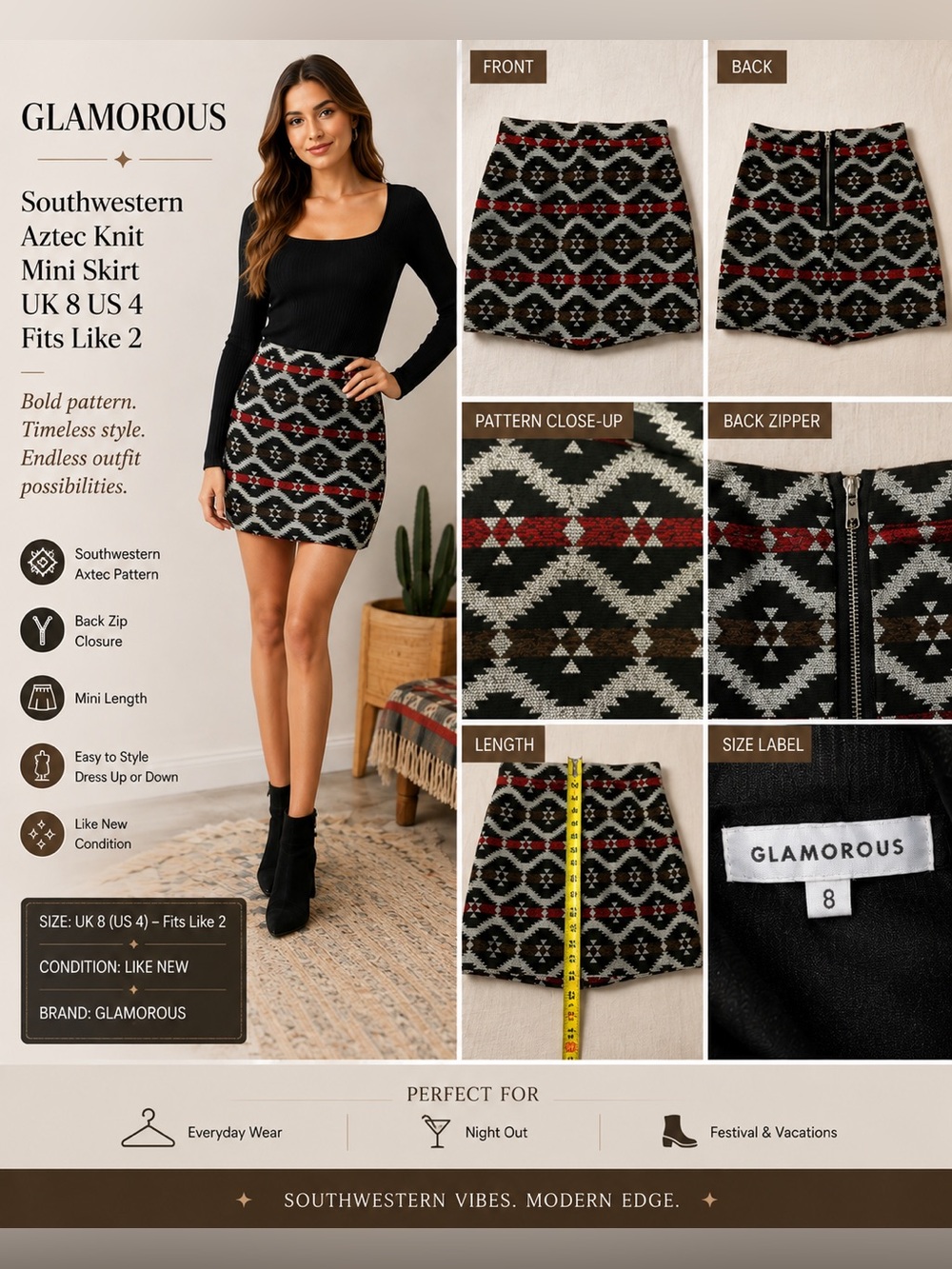 Glamorous Southwestern Aztec Knit Mini Skirt UK 8 US 4 Fits Like 2